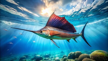 Sticker - Majestic Sailfish Swimming Gracefully Through Clear Ocean Waters Under Bright Sunlight