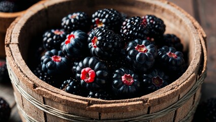 Wall Mural - Juicy blackberries in rustic wooden basket closeup