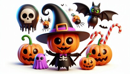 Wall Mural - A group of adorable pumpkins celebrating Halloween, one wearing a witch hat, surrounded by bats, candy canes, and other spooky characters.