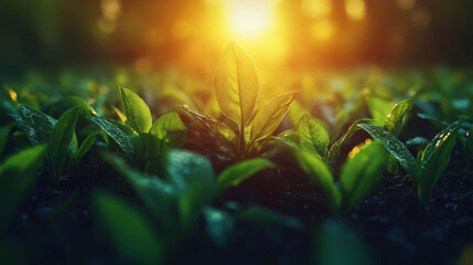 Young green plants reaching for the sun at sunset.