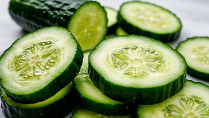 Wall Mural - Sliced cucumbers with crisp edges closeup