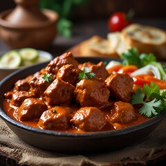 Delicious juicy tasty butter chicken dish well cooked with Tomato sauce with some vegetable served, traditional butter chicken, tasty butter chicken curry dish