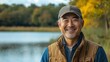 © CinimaticWorks - happy asian american man in his 50s enjoying life in nature standing in front of a scenic lake smiling joyfully relaxed confident and at peace with the beautiful outdoor scenery around him