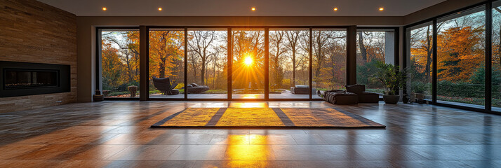 Canvas Print - Modern living room with large windows overlooking a beautiful autumn sunset.