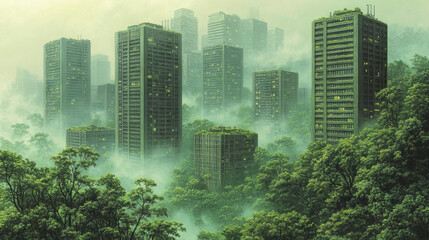 Wall Mural - Tall skyscrapers peek through a dense, green forest.