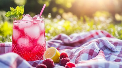 Poster - Refreshing pink lemonade with raspberries and a lemon wedge on a checkered picnic blanket.