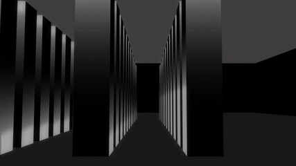 Leinwandbilder - Server room, connectivity and storage for data for innovation, information sharing and networking. Illustration, internet and towers on black background for cybersecurity, AI development and tech
