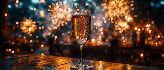 A champagne flute filled with bubbly sits on a wooden table with a blurry background of golden lights and fireworks.