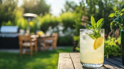 Refreshing summer drink with lemon and mint garnished, sitting on a rustic wooden table in a green garden with blurry background.