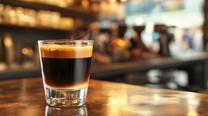 Poster - Steaming cup of coffee on a wooden table in a cafe.