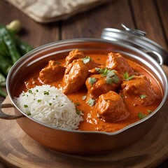 Delicious juicy tasty butter chicken dish well cooked with Tomato sauce with some vegetable served, traditional butter chicken, tasty butter chicken curry dish