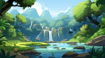 Tranquil Waterfall Cascading into a Serene River in a Lush Jungle