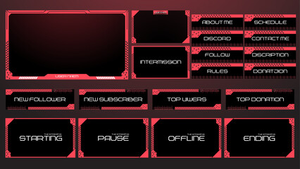 Red streaming overlay with panels buttons interface for streaming