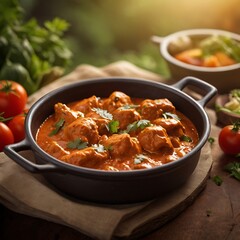 Delicious juicy tasty butter chicken dish well cooked with Tomato sauce with some vegetable served, traditional butter chicken, tasty butter chicken curry dish