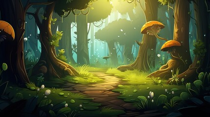 Wall Mural - A Sunlit Forest Path With Giant Mushrooms