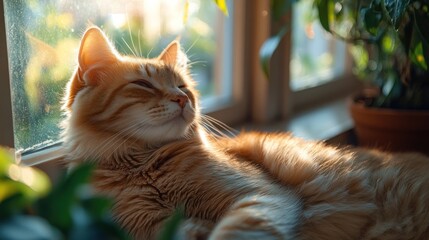 Wall Mural - Orange Cat Sunbathing on Window Sill