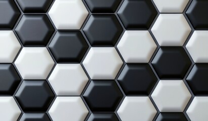 Poster - A black and white soccer pattern, hexagonal tiles arranged in repeating patterns on the wall