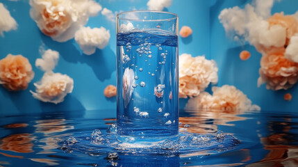 Wall Mural - Glass of water with bubbles in front of a blue and peach background.