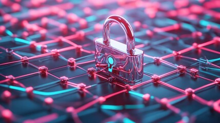 Poster - Abstract cybersecurity scene with a 3D padlock and a digital network of data connections.