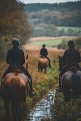 Equestrian helmet and riding crop placed on a table, with two riders in full riding gear standing behind with arms crossed, their horses visible in the distance against a countryside backdrop