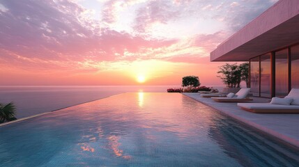 Beautiful pool area with an infinity pool overlooking the ocean at sunset. -