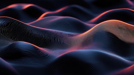 Poster - Black abstract wave patterns with neon edges floating in a dark, moody space.