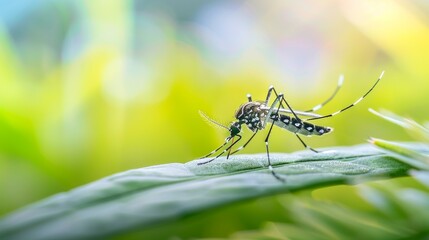 Close-up of mosquito resting on leaf in tropical forest, emphasizing its role in transmitting viruses, shallow depth of field.