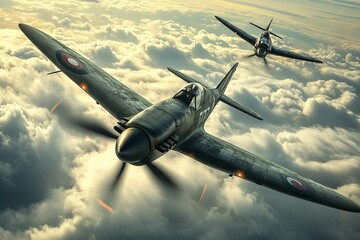 A British Spitfire plane soaring high above the clouds, showcasing its iconic design and timeless beauty