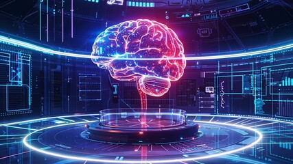 Poster - Holographic brain hovers over futuristic tech, with glowing code. Evokes ai, brain enhancement, and neuroscience's future