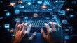 © pinporn manosri - Hands typing on a computer surrounded by digital security symbols, representing cybersecurity.