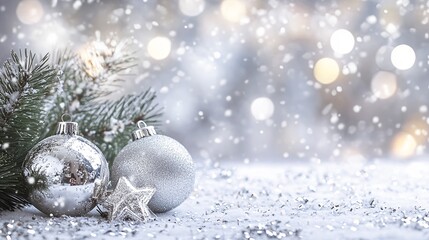 クリスマスの飾りと雪の背景素材