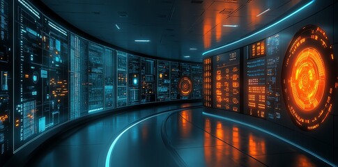 Poster - Futuristic corridor with glowing digital displays and a glowing path.