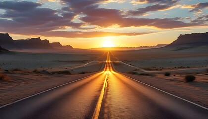 Wall Mural - Journey Begins: An Open Road Through a Desert at Sunset Symbolizing New Adventures