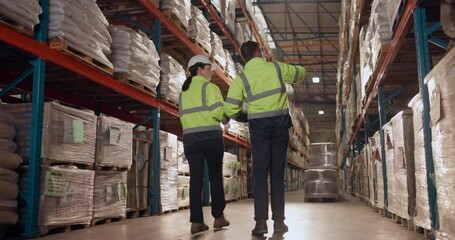 Canvas Print - Business people, walking and warehouse with stock for inventory, maintenance or logistics. Back view of man and woman in supply chain for inspection or monitoring of export, import or shipping goods