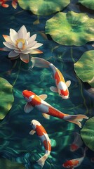 Wall Mural - An ultra-realistic depiction of a serene koi pond featuring lifelike koi fish swimming gracefully among blooming lotus flowers. 