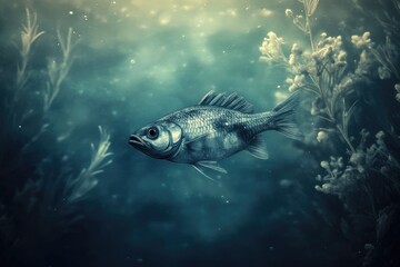 Sticker - A Single Fish Swimming Through Dark Water With White Plants