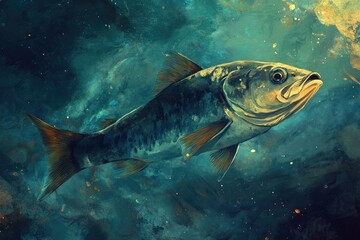 Canvas Print - A Golden Fish Gliding Through an Abstract Cosmic Sea