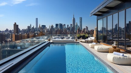 Rooftop pool area with city skyline views, modern deck furniture, and clear blue water.