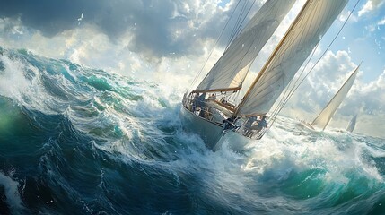 Sailboat Racing Through Stormy Sea With White Sails and Blue Sky