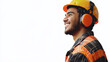 © Nattapol - young man wearing safety helmet and ear protection smiles confidently, showcasing his readiness for work in construction environment. His vibrant attire adds to positive energy of scene