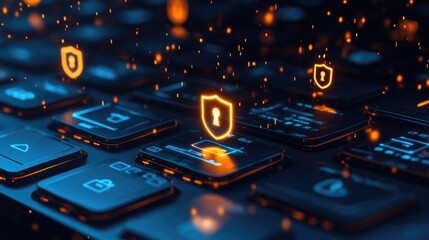 Poster - Shield and padlock icons floating above a keyboard, symbolizing data protection and encryption.