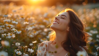 Wall Mural - Joyful woman celebrating natures beauty in a vibrant flower field at sunset, embracing happiness, freedom, and the essence of outdoor living