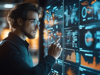 Poster - Man interacting with a futuristic digital interface, analyzing data and charts, with glowing blue and orange graphics.