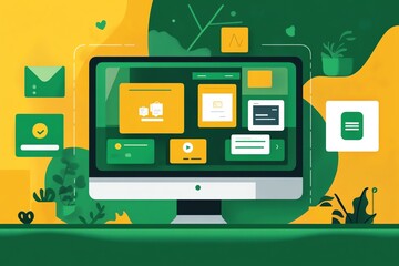 Fototapete - modern computer desktop with green and yellow abstract shapes and icons.