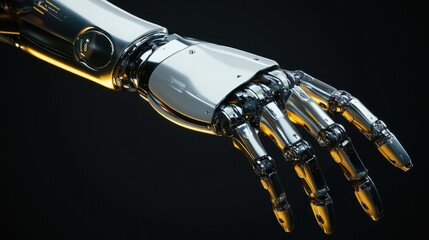 Sleek, futuristic robot arm with smooth, polished metal surfaces against a dark background. -