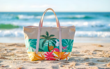 Wall Mural - Tropical beach bag resting on sandy shore with calm blue water tropical beach resort aerial view ocean waves, golden sandy beach