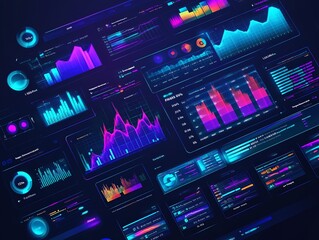 Fototapete - neon-colored charts and graphs on a black background representing data and analytics.
