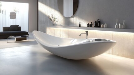 Poster - Sleek minimalist bathroom sink with integrated faucet design and clean surfaces.