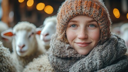 Wall Mural - Smiling Woman with Sheep