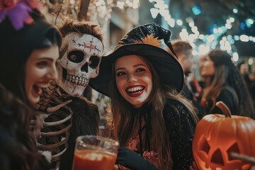 Lively group in Halloween costumes enjoys a party filled with witches and skeleton decor.